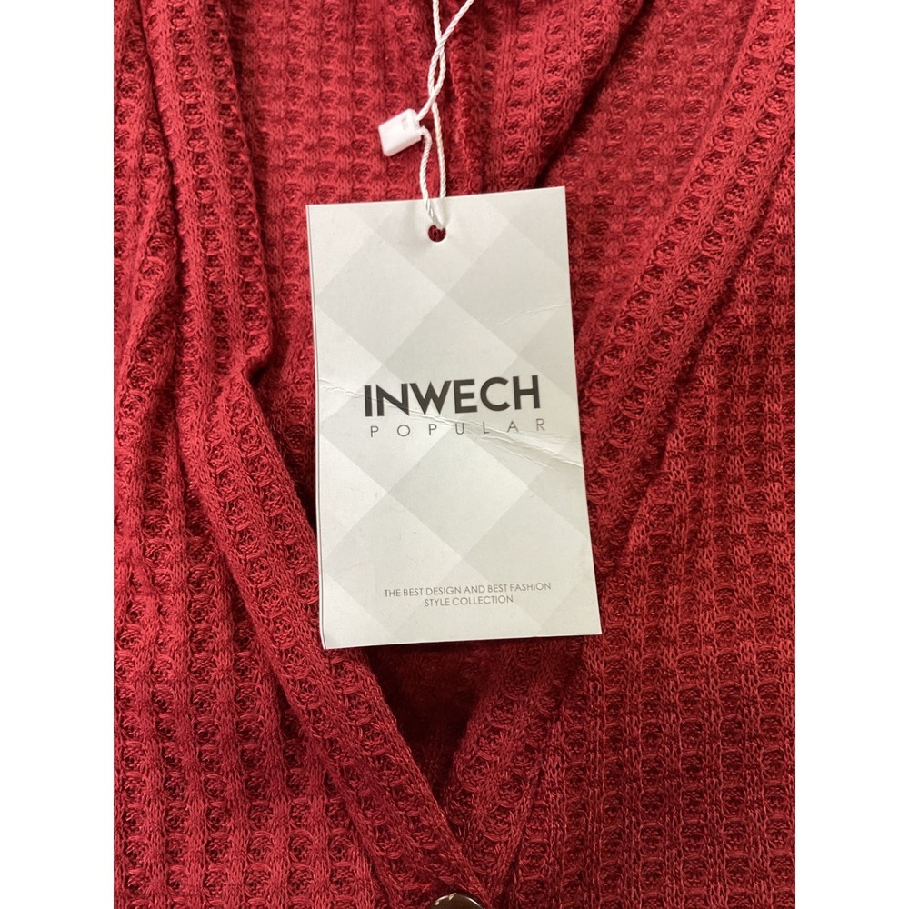 Inwech L NWT Red Waffle Knit Tie Front Button Down Long Sleeve Thermal Top Boho - Picture 4 of 7